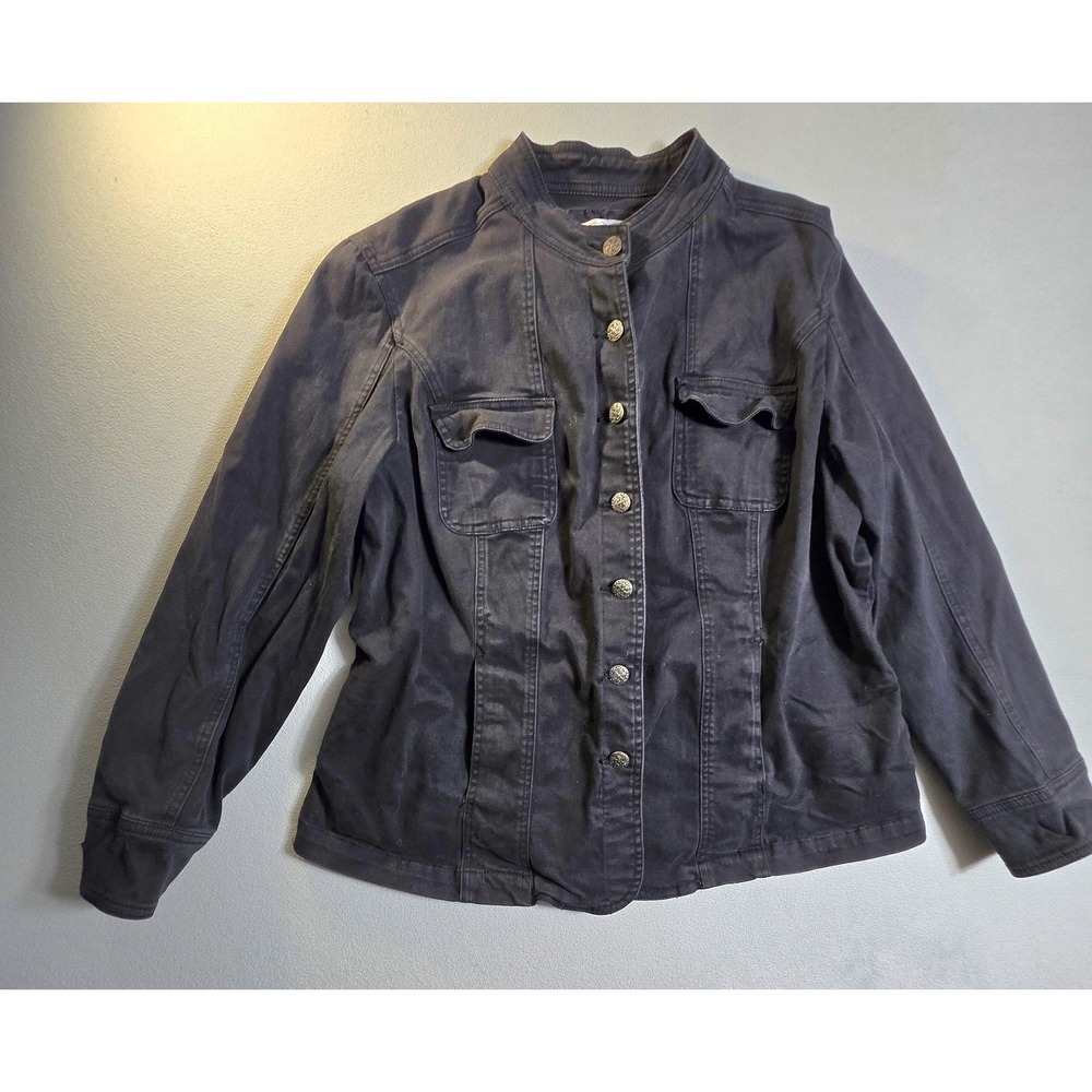 Live A Little Women's Black Utility Jacket 1X Button Front Stretch Cotton Casual